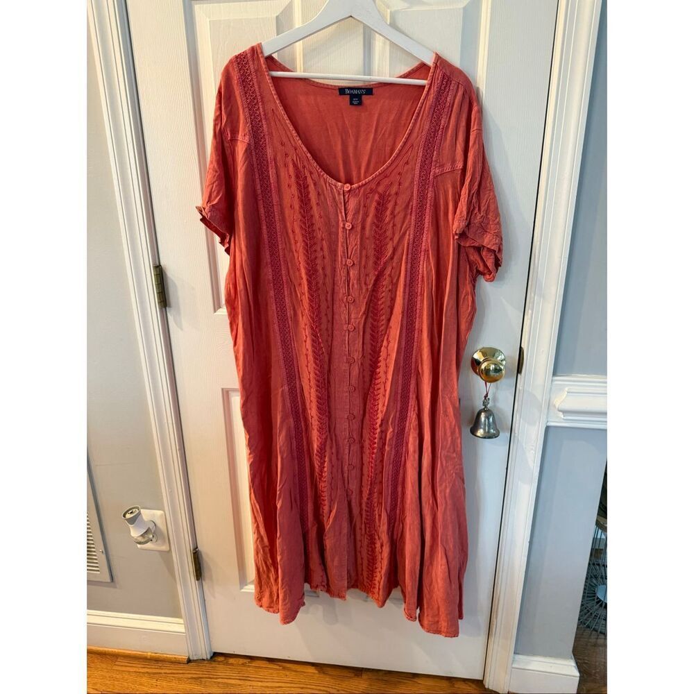 Roaman’s Coral Short Sleeve Boho Embroidered Button Up Shift Dress sz 26W EUC